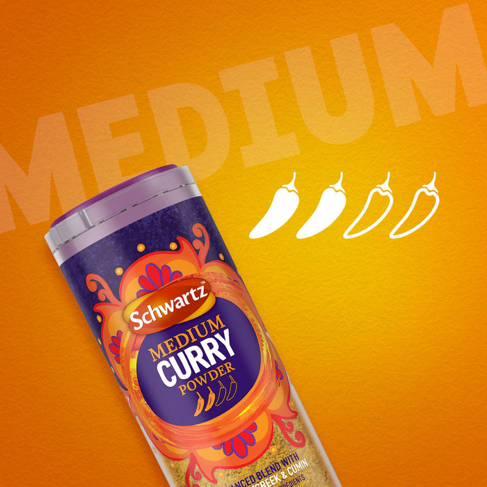A container of Schwartz Medium Curry Powder 90G is displayed against a vibrant orange background featuring four chili icons to indicate its medium heat level.
