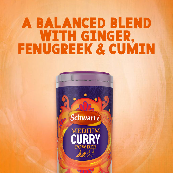 A promotional graphic for Schwartz Medium Curry Powder 90G highlighting its balanced blend of ginger, fenugreek, and cumin against a warm orange background.