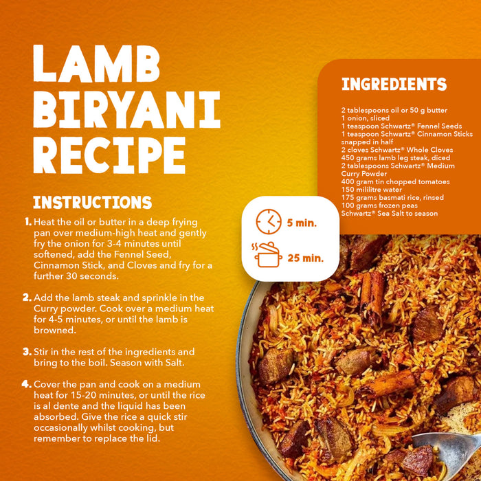 A recipe infographic for King Prawn Curry featuring a step by step guide and ingredients list that incorporates Schwartz Medium Curry Powder 90G for a flavorful meal.
