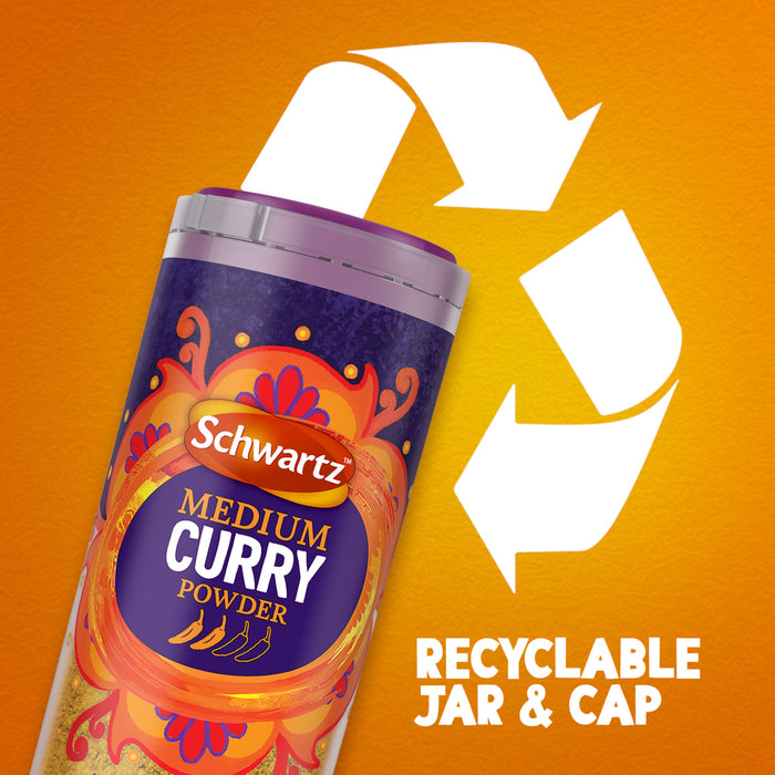 An infographic featuring a large white recycling symbol on an orange background to highlight that the Schwartz Medium Curry Powder 90G comes in a recyclable jar and cap.