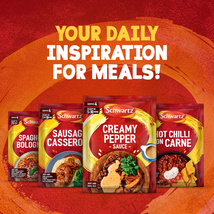 A vibrant advertisement showcases a variety of Schwartz meal mixes, including the Schwartz Creamy Pepper Sauce Mix 25G, presented under the headline, Your daily inspiration for meals.