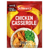 A red and yellow packet of Schwartz Chicken Casserole Recipe Mix 36G is displayed in front of a serving suggestion showing a white bowl filled with chicken casserole, green beans, and mashed potatoes.