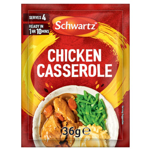 A red and yellow packet of Schwartz Chicken Casserole Recipe Mix 36G is displayed in front of a serving suggestion showing a white bowl filled with chicken casserole, green beans, and mashed potatoes.