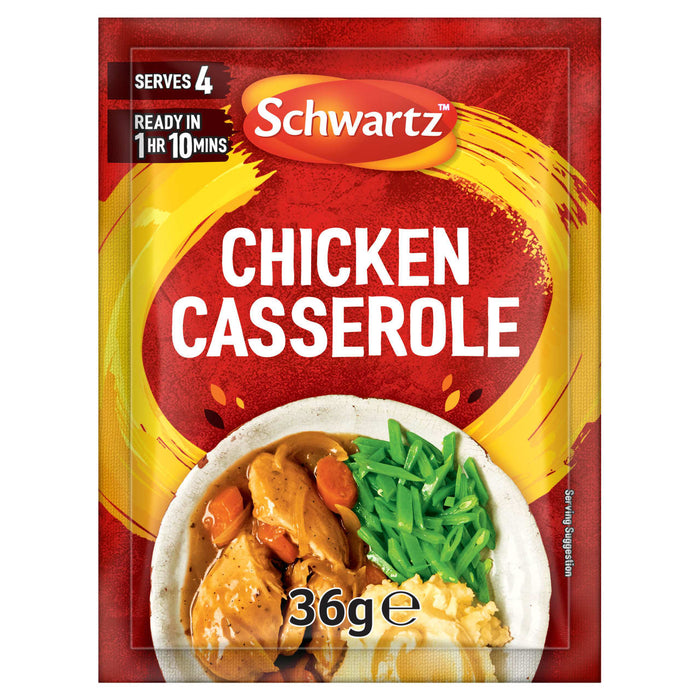 A red and yellow packet of Schwartz Chicken Casserole Recipe Mix 36G is displayed in front of a serving suggestion showing a white bowl filled with chicken casserole, green beans, and mashed potatoes.