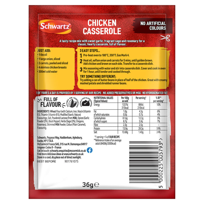 The back of a packet of Schwartz Chicken Casserole Recipe Mix 36G, showing the ingredients, nutritional information, and 3-step cooking instructions.
