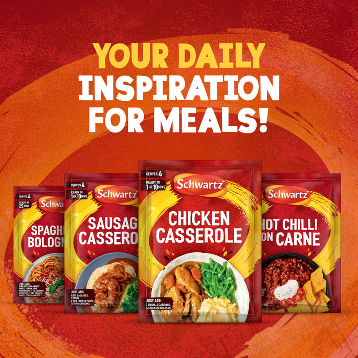 An advertisement shows a lineup of Schwartz recipe mixes, including the Schwartz Chicken Casserole Recipe Mix 36G, under the headline Your Daily Inspiration For Meals!