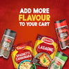 A promotional image on a red background encourages shoppers to add more flavour to their cart, featuring a package of Schwartz Lasagne Recipe Mix 36G alongside other Schwartz products like Spaghetti Carbonara mix, Black Pepper, Crushed Chilli, and Garlic Salt.