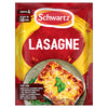 A red and yellow packet of Schwartz Lasagne Recipe Mix 36G is shown with a serving suggestion of a finished lasagne dish and a list of ingredients to add.