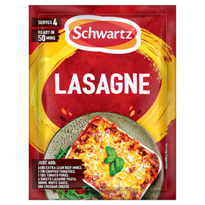 A red and yellow packet of Schwartz Lasagne Recipe Mix 36G is shown with a serving suggestion of a finished lasagne dish and a list of ingredients to add.