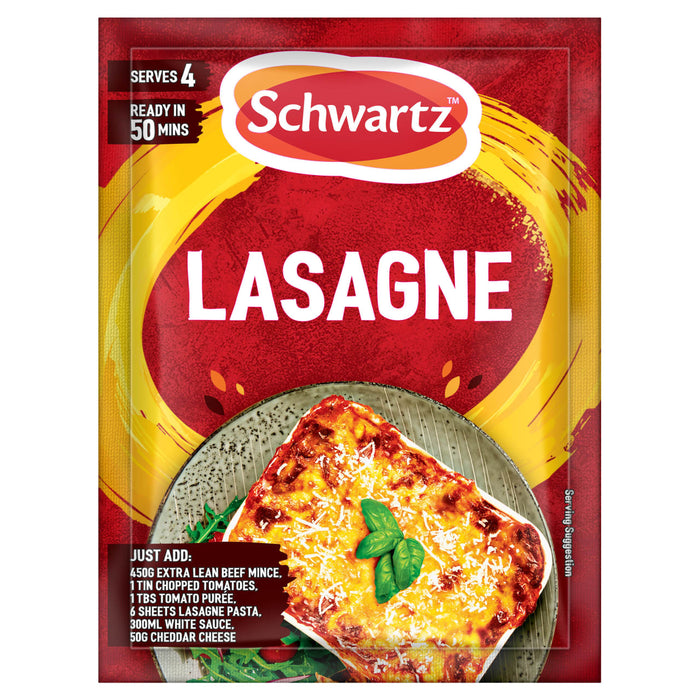 A red and yellow packet of Schwartz Lasagne Recipe Mix 36G is shown with a serving suggestion of a finished lasagne dish and a list of ingredients to add.