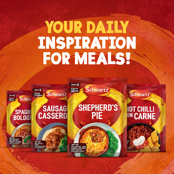 An advertisement shows a range of Schwartz recipe mixes, including the Schwartz Shepherd'S Pie Recipe Mix 38G, fanned out under the headline YOUR DAILY INSPIRATION FOR MEALS!