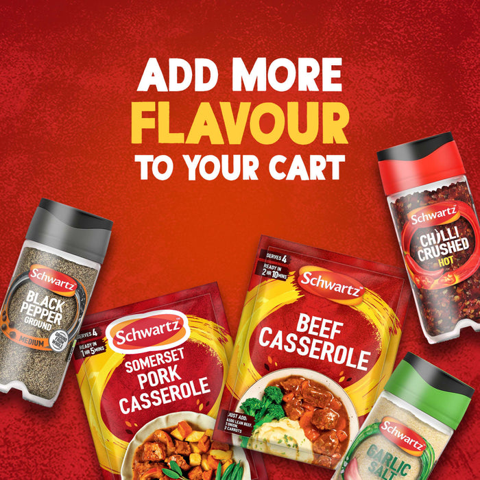 An advertisement for Schwartz products, featuring a package of Schwartz Somerset Pork Casserole Recipe Mix 36G alongside other seasonings like Black Pepper and Garlic Salt, with text that reads, Add more flavour to your cart.