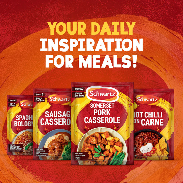 An advertisement from Schwartz offers daily meal inspiration with a lineup of recipe mixes, featuring a packet of Schwartz Somerset Pork Casserole Recipe Mix 36G in the center.