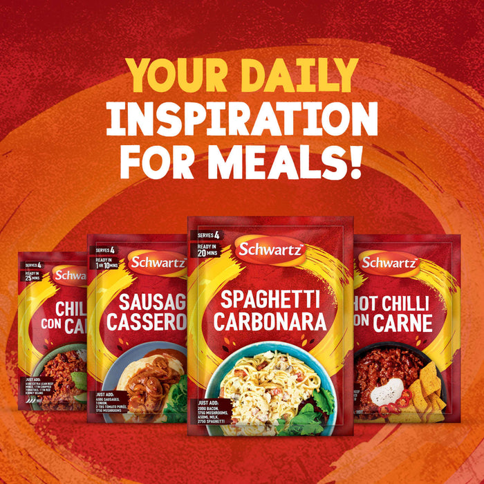 A promotional image shows a variety of Schwartz recipe mixes, including the Schwartz Spaghetti Carbonara Recipe Mix 32G, presented as daily meal inspiration.