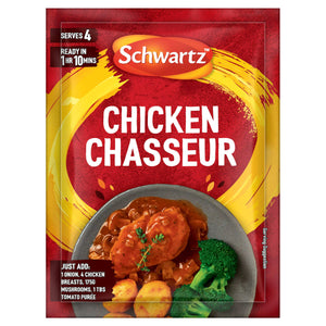 A red and yellow packet of Schwartz Chicken Chasseur Recipe Mix 40G is displayed with a serving suggestion of the finished dish, which includes chicken in a savory sauce with mushrooms, broccoli, and potatoes.