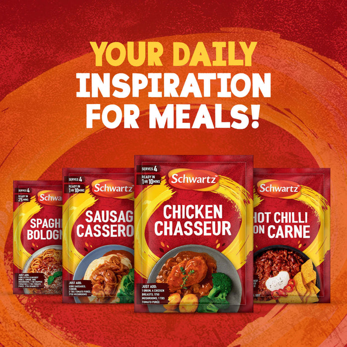 A promotional graphic titled Your Daily Inspiration For Meals features a variety of meal kits including the Schwartz Chicken Chasseur Recipe Mix 40G alongside Spaghetti Bolognese and Sausage Casserole options.