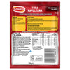The back of a red and yellow packet of Schwartz Tuna Napolitana Recipe Mix 30G provides cooking instructions, nutritional information, and a list of ingredients.