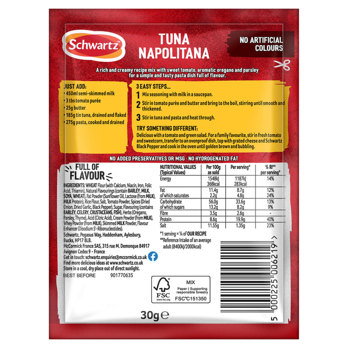 The back of a red and yellow packet of Schwartz Tuna Napolitana Recipe Mix 30G provides cooking instructions, nutritional information, and a list of ingredients.