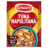 A packet of Schwartz Tuna Napolitana Recipe Mix 30G featuring a vibrant red and yellow design with a bowl of pasta shells in a tomato sauce