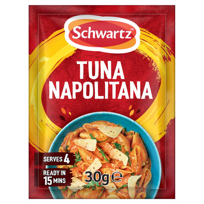 A packet of Schwartz Tuna Napolitana Recipe Mix 30G featuring a vibrant red and yellow design with a bowl of pasta shells in a tomato sauce