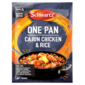 A packet of Schwartz One Pan Cajun Chicken and Rice 32G seasoning mix featuring a vibrant orange swirl and a serving suggestion of the finished meal in a black pan.