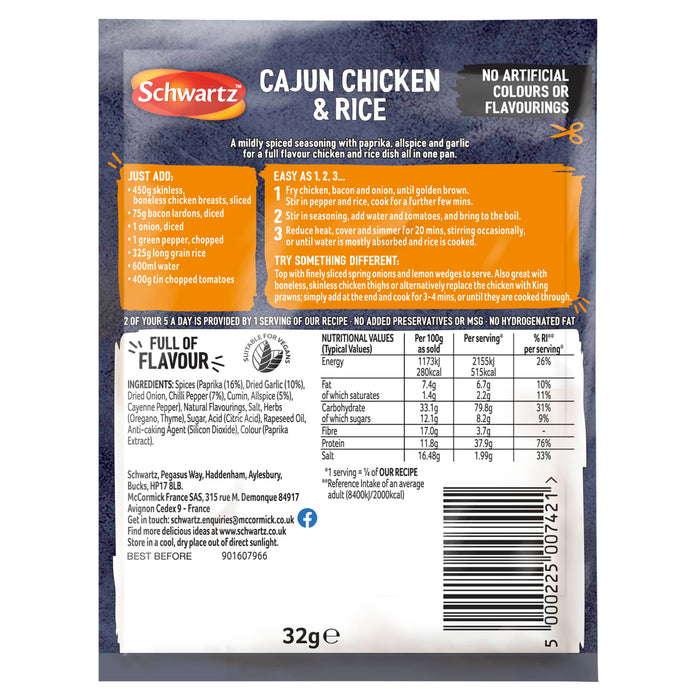 The back of a packet of Schwartz One Pan Cajun Chicken & Rice 32G provides detailed cooking instructions, a list of required fresh ingredients, and a nutritional information table.