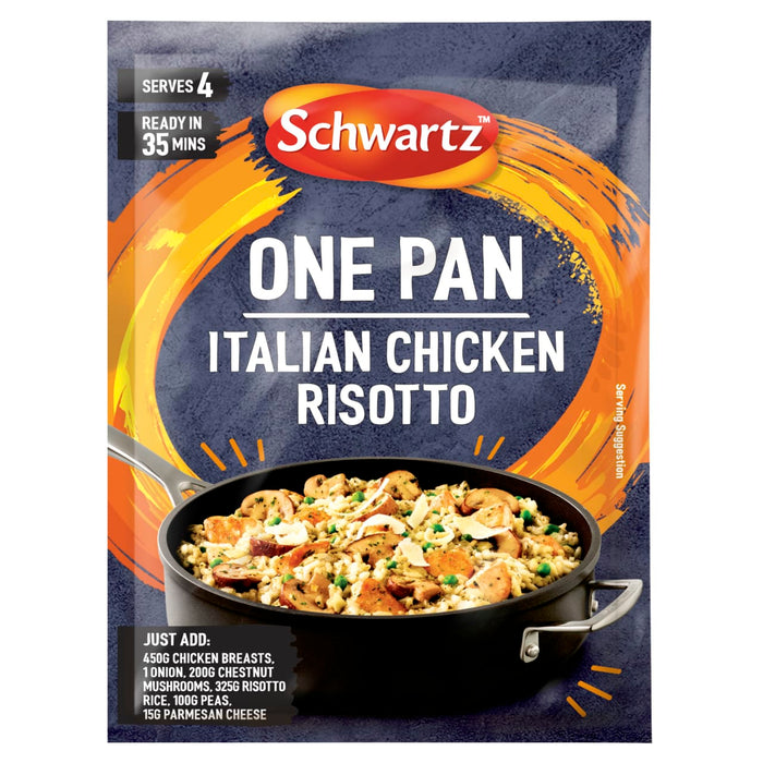 A recyclable package of Schwartz One Pan Italian Chicken Risotto Recipe Mix 28G featuring a serving suggestion of the prepared dish in a black skillet.