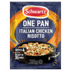 A packet of Schwartz One Pan Italian Chicken Risotto Recipe Mix 28G featuring a photo of a prepared risotto with chicken and mushrooms in a black skillet.