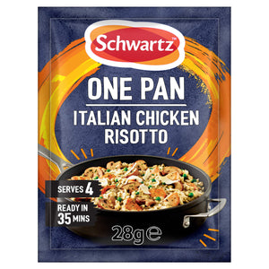A packet of Schwartz One Pan Italian Chicken Risotto Recipe Mix 28G featuring a photo of a prepared risotto with chicken and mushrooms in a black skillet.