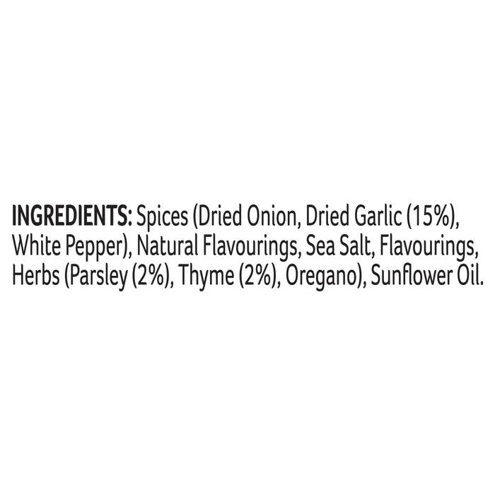 The ingredient list for Schwartz One Pan Italian Chicken Risotto Recipe Mix 28G includes spices like dried onion and garlic, natural flavourings, sea salt, herbs such as parsley and thyme, and sunflower oil.