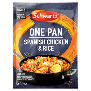 A package of Schwartz One Pan Spanish Chicken & Rice Recipe Mix 30G featuring a vibrant illustration of a prepared meal in a skillet with chicken and vegetables.