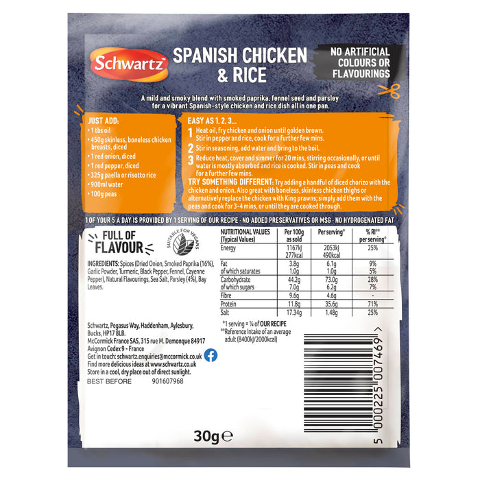 The back of a Schwartz One Pan Spanish Chicken & Rice Recipe Mix 30G packet provides detailed cooking instructions, a list of required fresh ingredients, and a nutritional information table.