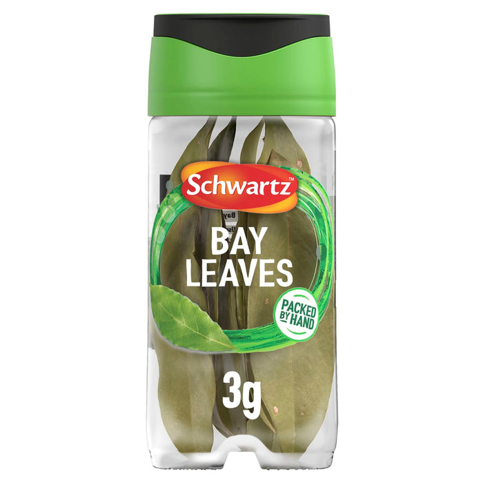 A clear plastic jar of Schwartz Bay Leaves 3G is shown against a white background, with a green and black lid.
