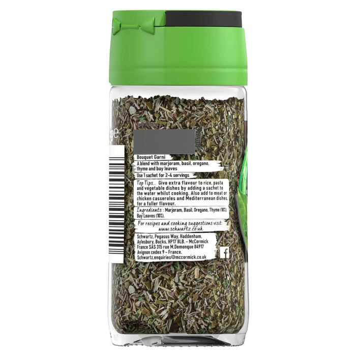 A back view of a glass jar of Schwartz Bouquet Garni 5G showing the ingredient list and cooking tips for the blend of marjoram, basil, oregano, thyme, and bay leaves.