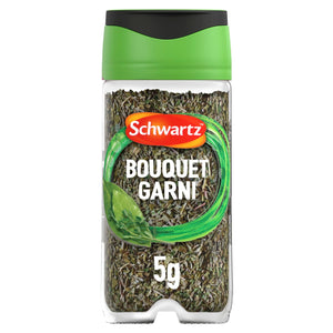 A clear glass jar of Schwartz Bouquet Garni 5G filled with a dried herb blend and topped with a green and black lid.