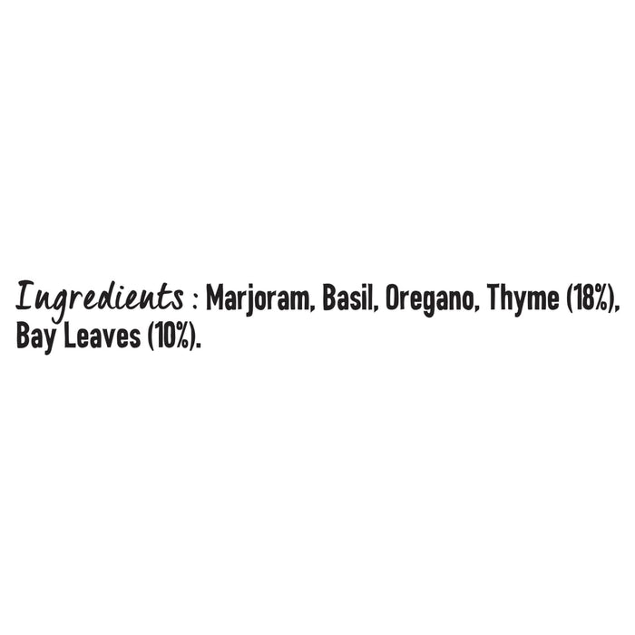A list of ingredients for Schwartz Bouquet Garni 5G including marjoram, basil, oregano, 18 percent thyme, and 10 percent bay leaves.