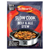 A packet of Schwartz Slow Cook Beef & Ale Stew 38G featuring a slow cooker filled with a hearty stew of beef and vegetables.