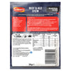A detailed back-of-pack view of a Schwartz Slow Cook Beef & Ale Stew 38G seasoning mix showing cooking instructions, ingredients, and nutritional information.