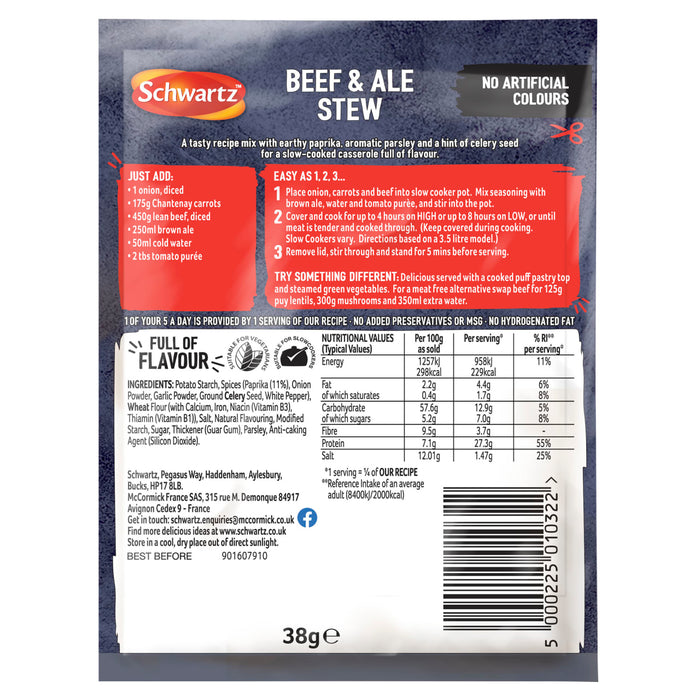 A detailed back-of-pack view of a Schwartz Slow Cook Beef & Ale Stew 38G seasoning mix showing cooking instructions, ingredients, and nutritional information.