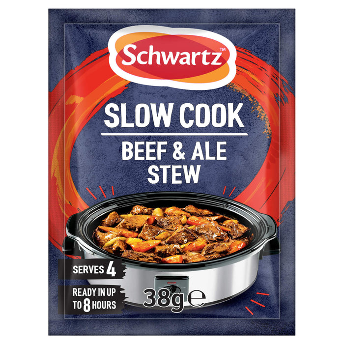 A 38g packet of Schwartz Slow Cook Beef & Ale Stew 38G seasoning mix featuring a visual of a hearty stew simmering in a slow cooker.