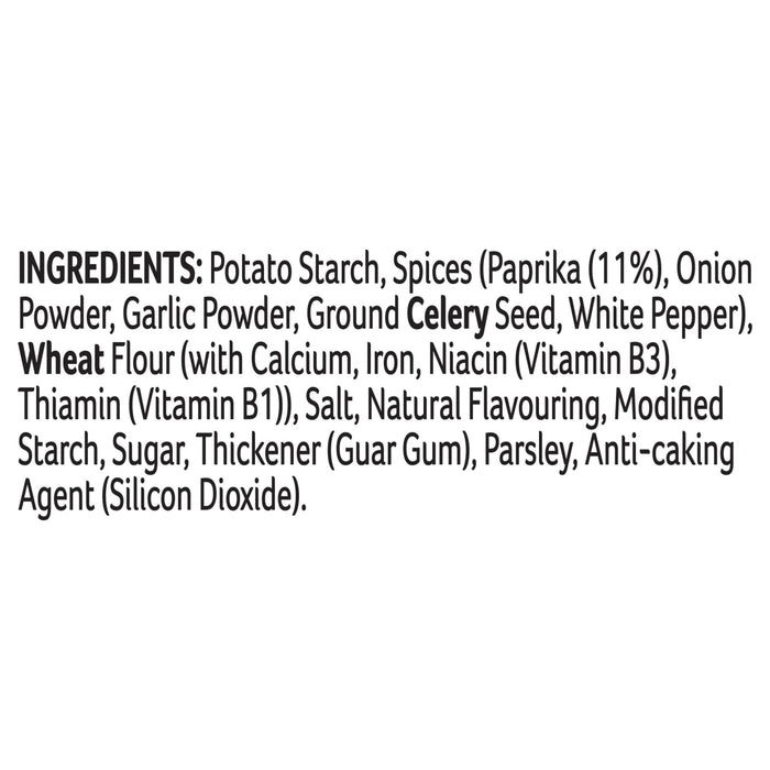 A list of ingredients for Schwartz Slow Cook Beef & Ale Stew 38G including potato starch, spices like paprika, onion powder, garlic powder, ground celery seed, white pepper, and wheat flour.