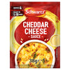 A red and yellow sachet of Schwartz Cheddar Cheese Sauce 38G is shown with a serving suggestion of a cheesy bake in a white bowl.