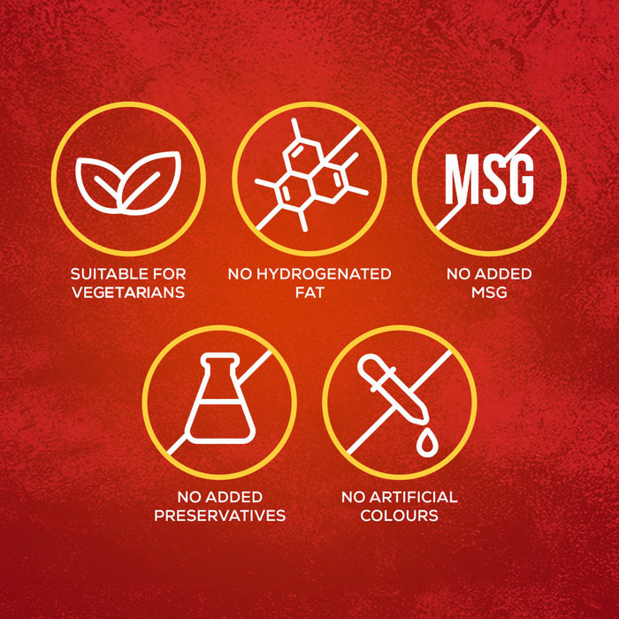An infographic highlighting the benefits of Schwartz Cheddar Cheese Sauce 38G, including being suitable for vegetarians, having no hydrogenated fat, no added MSG, no added preservatives, and no artificial colours.