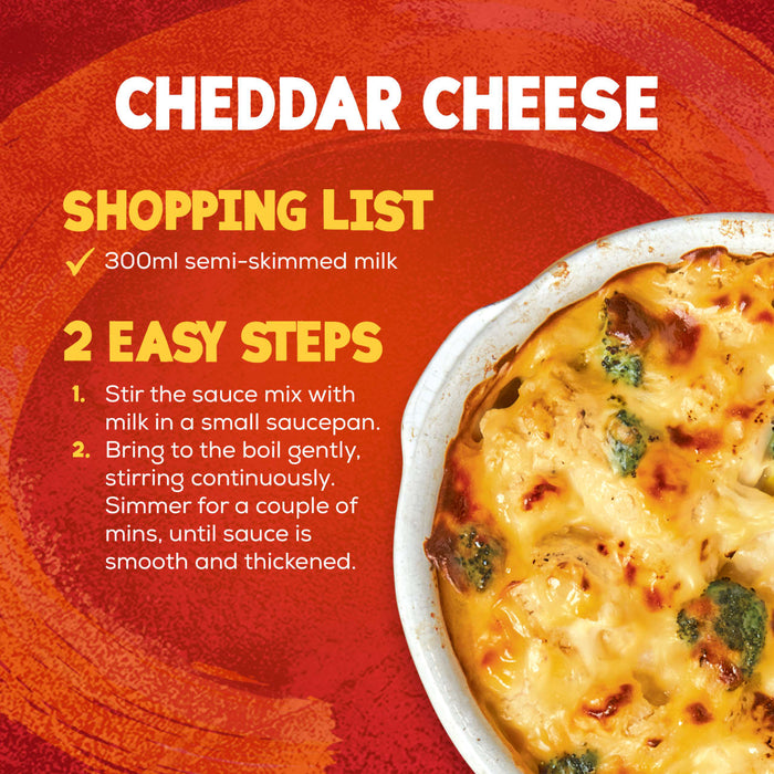 The simple recipe instructions for making Schwartz Cheddar Cheese Sauce 38G are displayed next to a delicious-looking cauliflower and broccoli cheese bake.
