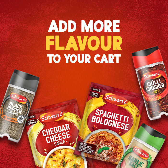 An advertisement for Schwartz products shows a packet of Schwartz Cheddar Cheese Sauce 38G, along with Spaghetti Bolognese mix, Black Pepper, Chilli Crushed, and Garlic Salt, under the headline ADD MORE FLAVOUR TO YOUR CART.