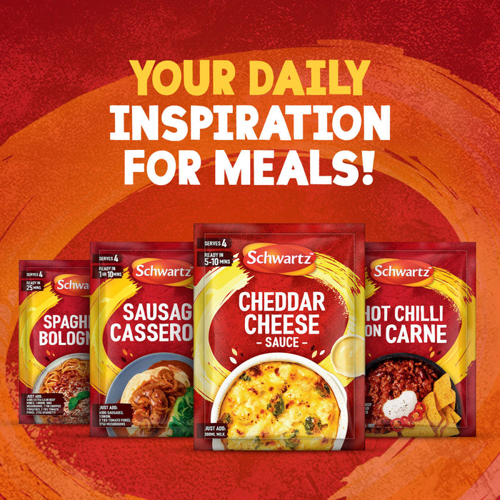 A collection of Schwartz meal mixes, featuring the Schwartz Cheddar Cheese Sauce 38G, is displayed as an advertisement under the headline Your Daily Inspiration for Meals.
