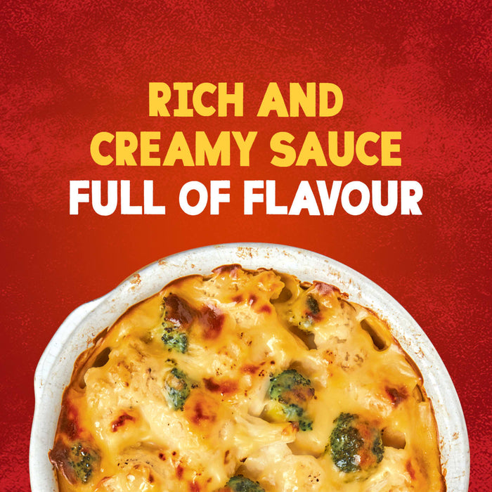 A close-up of a golden-brown broccoli and cauliflower cheese bake, a serving suggestion for Schwartz Cheddar Cheese Sauce 38G, is shown with the text Rich and Creamy Sauce Full of Flavour.