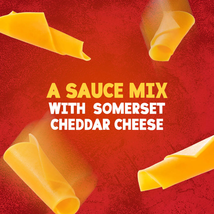 An advertisement for Schwartz Cheddar Cheese Sauce 38G features curled slices of cheddar cheese floating on a textured red background with text describing the product.