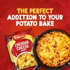 An advertisement showing a packet of Schwartz Cheddar Cheese Sauce 38G next to a finished potato bake in a skillet, with text that reads, The perfect addition to your potato bake.