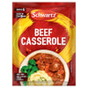 A red and yellow packet of Schwartz Beef Casserole Recipe Mix 38G is shown next to a serving suggestion of the finished dish in a bowl with mashed potatoes and broccoli.